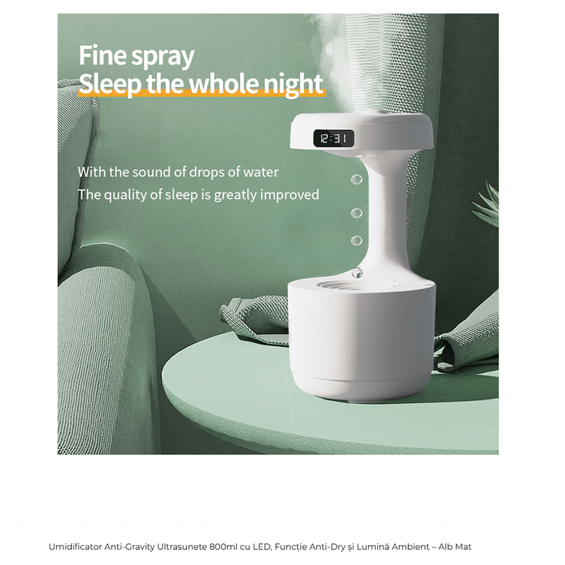 Electronice si Electrocasnice - Climatizare si sisteme de incalzire - Aparate filtrare aer - Umidificatoare - Umidificator cu Efect Antigravitational, Capacitate 800ml, Ceas Digital, Pulverizare fina si silentioasa – Alb - Infinity.ro