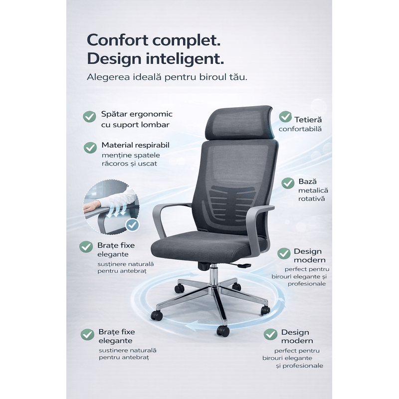 Casa si Gradina - Mobilier - Scaune si fotolii - Scaune - Scaun Ergonomic Reglabil pentru Birou si Gaming, Gri, Tetiera 2D, Mecanism Syncron, Spatar Mesh pentru Confort Sporit - Infinity.ro