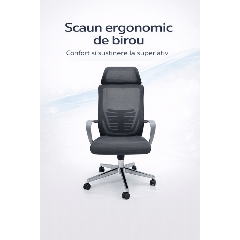 Casa si Gradina - Mobilier - Scaune si fotolii - Scaune - Scaun Ergonomic Reglabil pentru Birou si Gaming, Gri, Tetiera 2D, Mecanism Syncron, Spatar Mesh pentru Confort Sporit - Infinity.ro