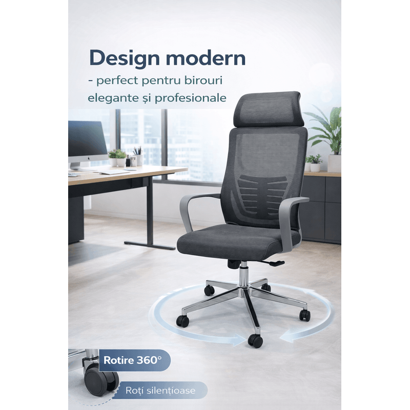 Casa si Gradina - Mobilier - Scaune si fotolii - Scaune - Scaun Ergonomic Reglabil pentru Birou si Gaming, Gri, Tetiera 2D, Mecanism Syncron, Spatar Mesh pentru Confort Sporit - Infinity.ro