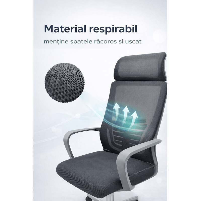 Casa si Gradina - Mobilier - Scaune si fotolii - Scaune - Scaun Ergonomic Reglabil pentru Birou si Gaming, Gri, Tetiera 2D, Mecanism Syncron, Spatar Mesh pentru Confort Sporit - Infinity.ro