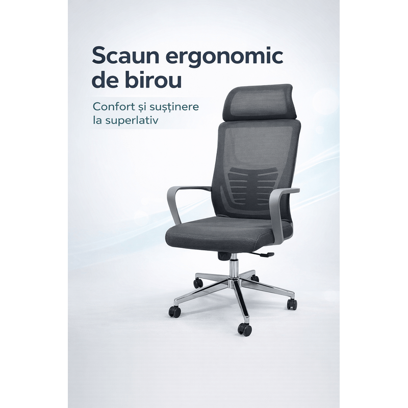 Casa si Gradina - Mobilier - Scaune si fotolii - Scaune - Scaun Ergonomic Reglabil pentru Birou si Gaming, Gri, Tetiera 2D, Mecanism Syncron, Spatar Mesh pentru Confort Sporit - Infinity.ro