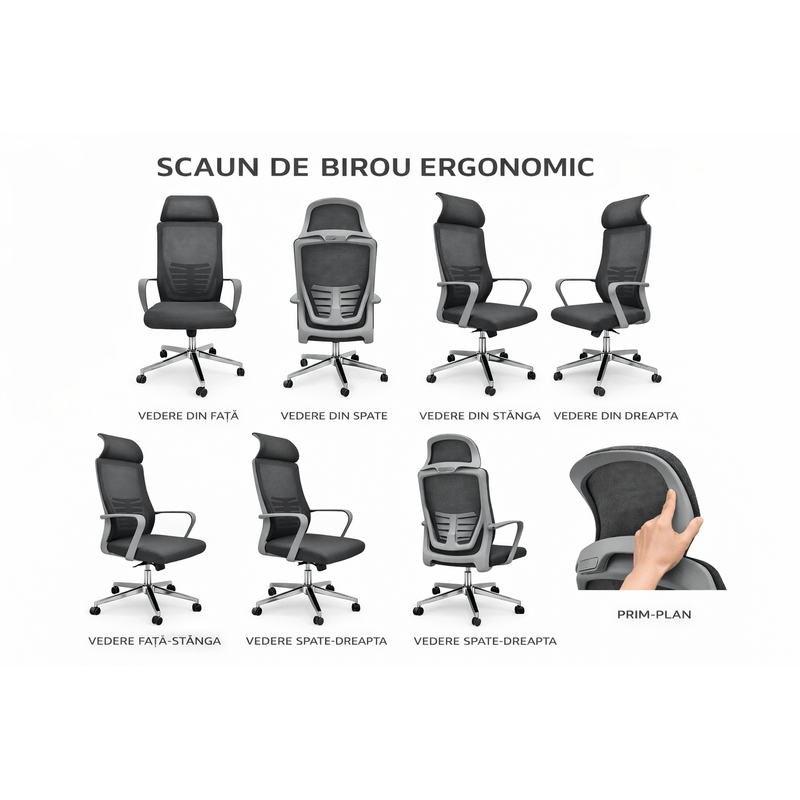 Casa si Gradina - Mobilier - Scaune si fotolii - Scaune - Scaun Ergonomic Reglabil pentru Birou si Gaming, Gri, Tetiera 2D, Mecanism Syncron, Spatar Mesh pentru Confort Sporit - Infinity.ro
