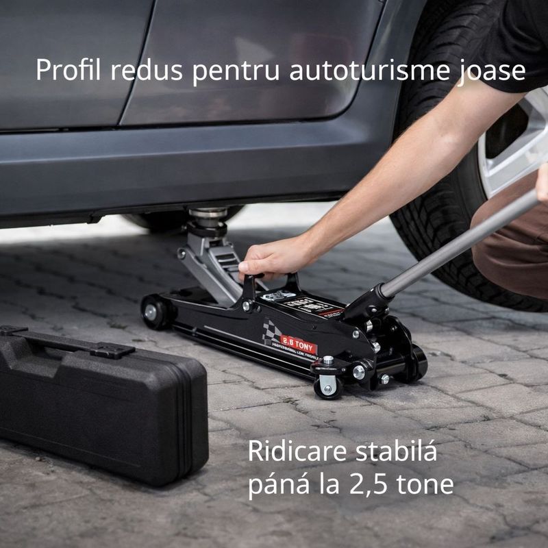 Auto si Moto - Reparatii si depanare - Scule auto - Echipamente de ridicare si sprijin - Cric hidraulic cu profil redus de 2,5 T cu valiza, tampon de cauciuc, S10663 - Infinity.ro