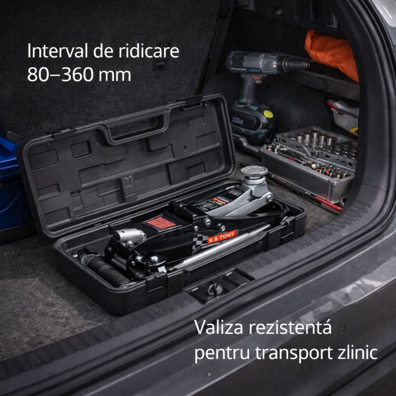 Auto si Moto - Reparatii si depanare - Scule auto - Echipamente de ridicare si sprijin - Cric hidraulic cu profil redus de 2,5 T cu valiza, tampon de cauciuc, S10663 - Infinity.ro