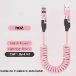 Laptop, Telefoane si Tablete - Telefoane mobile si accesorii - Accesorii Telefoane - Cabluri si adaptoare telefoane - Cablu de Date 4 in 1 cu Incarcare Rapida - USB, Lightning si Type -C - Flexibil si Compact, 1,5m, Roz ABYZ - Infinity.ro