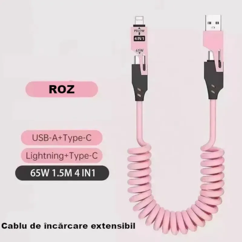 Laptop, Telefoane si Tablete - Telefoane mobile si accesorii - Accesorii Telefoane - Cabluri si adaptoare telefoane - Cablu de Date 4 in 1 cu Incarcare Rapida - USB, Lightning si Type -C - Flexibil si Compact, 1,5m, Roz ABYZ - Infinity.ro