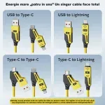 Laptop, Telefoane si Tablete - Telefoane mobile si accesorii - Accesorii Telefoane - Cabluri si adaptoare telefoane - Cablu de Date 4 in 1 cu Incarcare Rapida - USB, Lightning si Type -C - Flexibil si Compact, 1,5m, Galben ABYZ - Infinity.ro