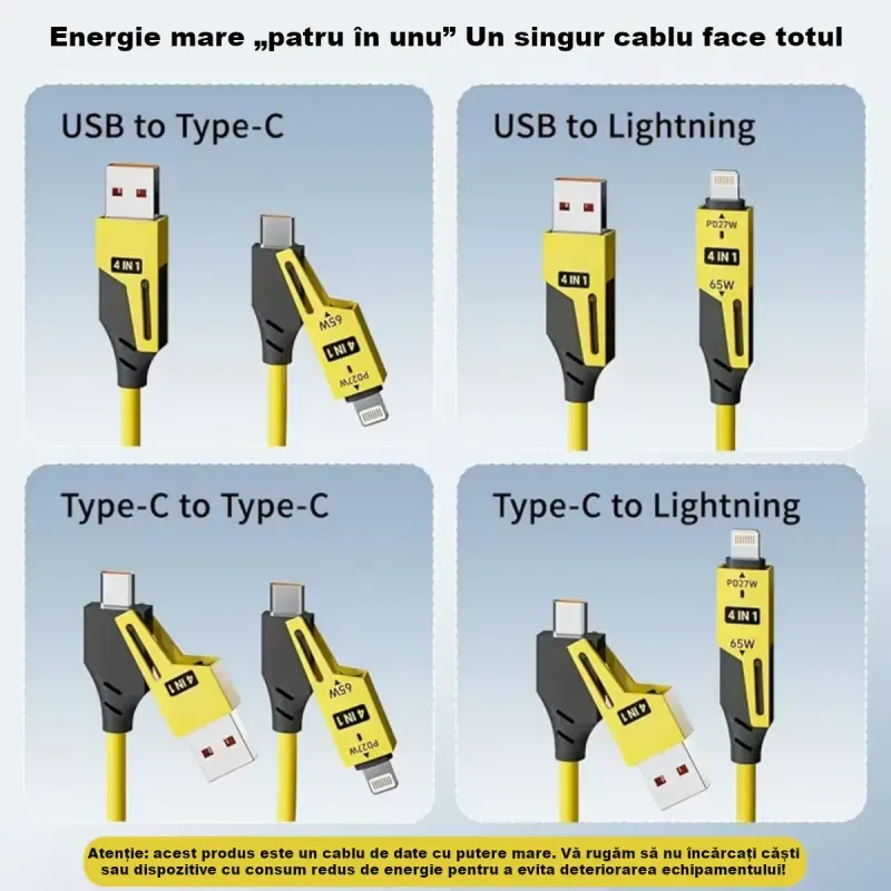 Laptop, Telefoane si Tablete - Telefoane mobile si accesorii - Accesorii Telefoane - Cabluri si adaptoare telefoane - Cablu de Date 4 in 1 cu Incarcare Rapida - USB, Lightning si Type -C - Flexibil si Compact, 1,5m, Galben ABYZ - Infinity.ro