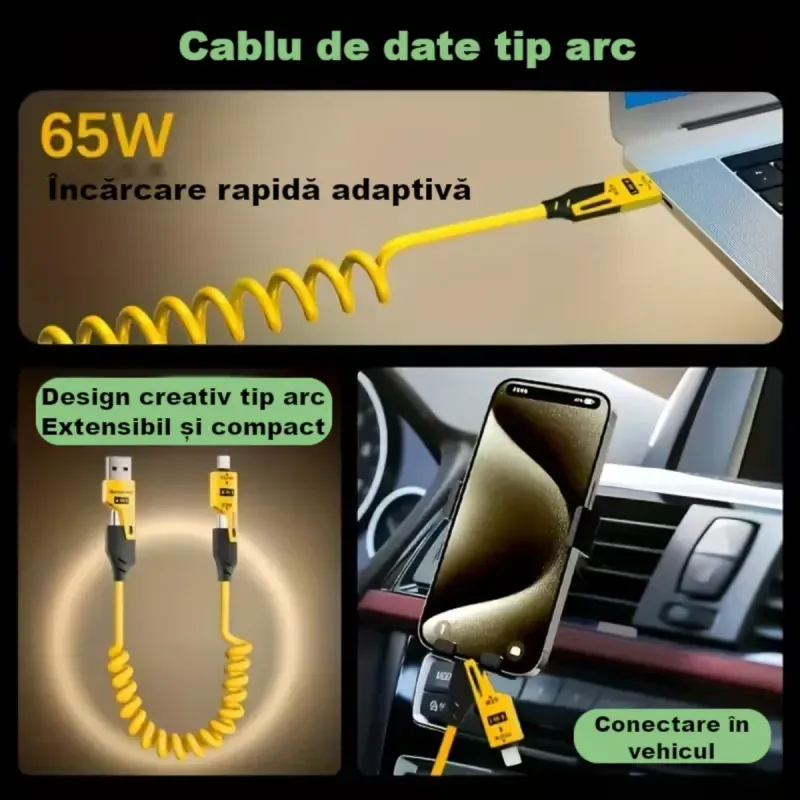 Laptop, Telefoane si Tablete - Telefoane mobile si accesorii - Accesorii Telefoane - Cabluri si adaptoare telefoane - Cablu de Date 4 in 1 cu Incarcare Rapida - USB, Lightning si Type -C - Flexibil si Compact, 1,5m, Galben ABYZ - Infinity.ro