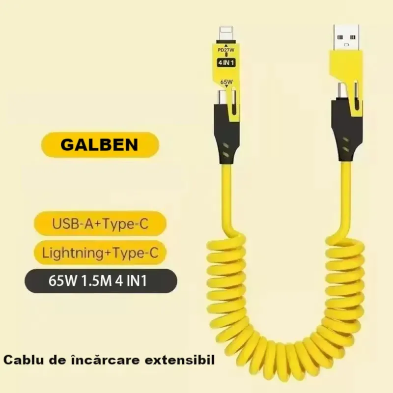Laptop, Telefoane si Tablete - Telefoane mobile si accesorii - Accesorii Telefoane - Cabluri si adaptoare telefoane - Cablu de Date 4 in 1 cu Incarcare Rapida - USB, Lightning si Type -C - Flexibil si Compact, 1,5m, Galben ABYZ - Infinity.ro