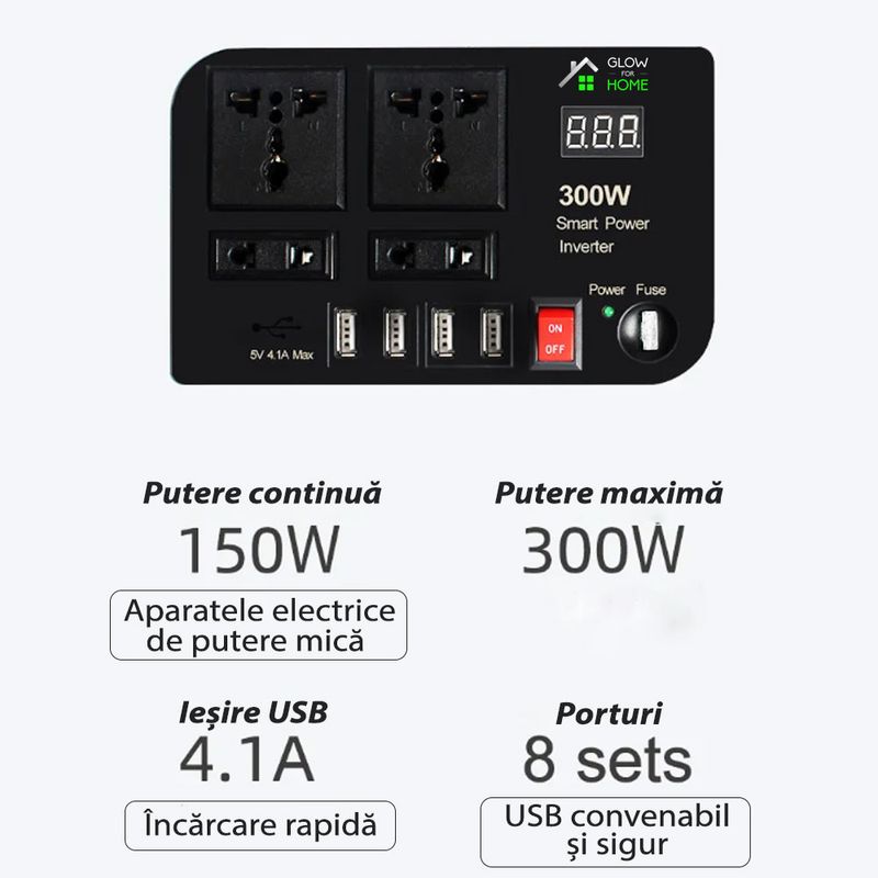 Auto si Moto - Reparatii si depanare - Invertoare auto - Invertor Auto 300W, GlowforHome, 4 Porturi USB A 4.1A, 2 Prize EU, 230V, Protectie Suprasarcina, Portabil, 12V, Negru - Infinity.ro