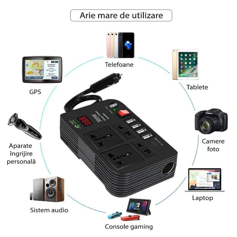 Auto si Moto - Reparatii si depanare - Invertoare auto - Invertor Auto 300W, GlowforHome, 4 Porturi USB A 4.1A, 2 Prize EU, 230V, Protectie Suprasarcina, Portabil, 12V, Negru - Infinity.ro