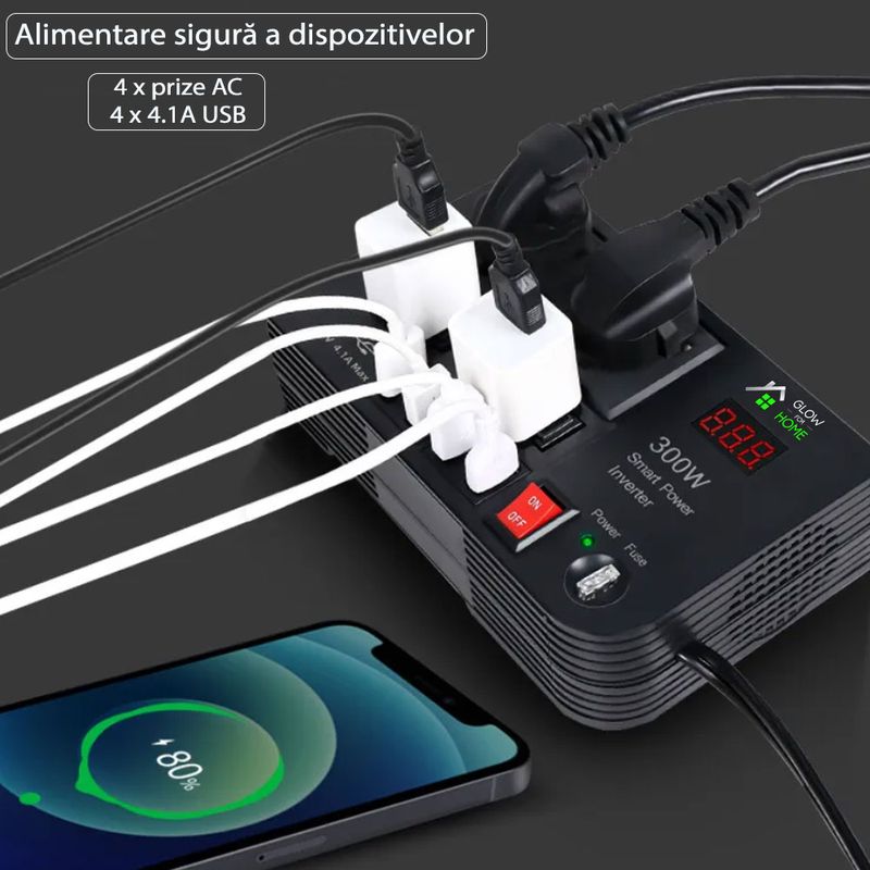 Auto si Moto - Reparatii si depanare - Invertoare auto - Invertor Auto 300W, GlowforHome, 4 Porturi USB A 4.1A, 2 Prize EU, 230V, Protectie Suprasarcina, Portabil, 12V, Negru - Infinity.ro