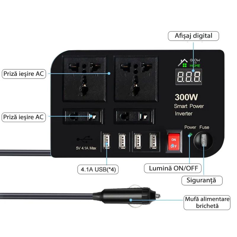 Auto si Moto - Reparatii si depanare - Invertoare auto - Invertor Auto 300W, GlowforHome, 4 Porturi USB A 4.1A, 2 Prize EU, 230V, Protectie Suprasarcina, Portabil, 12V, Negru - Infinity.ro