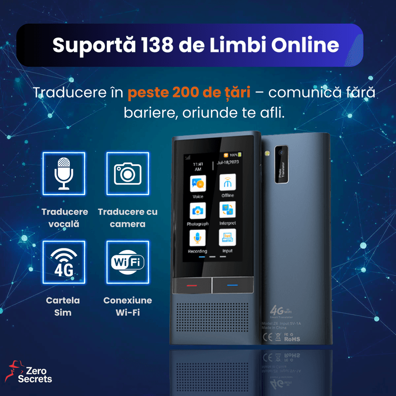 Laptop, Telefoane si Tablete - Wearables si gadgeturi - Gadgeturi - Dispozitive spionaj - Traducator Vocal ZeroSecrets cu Camera, Conectivitate 4G si WiFi - Infinity.ro