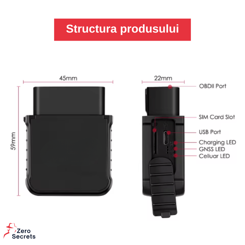 Laptop, Telefoane si Tablete - Wearables si gadgeturi - Gadgeturi - Dispozitive spionaj - GPS Tracker Auto OBD2, ZeroSecrets, plug and play, microfon integrat, 4G LTE, dimensiuni 59x45x22mm - Infinity.ro