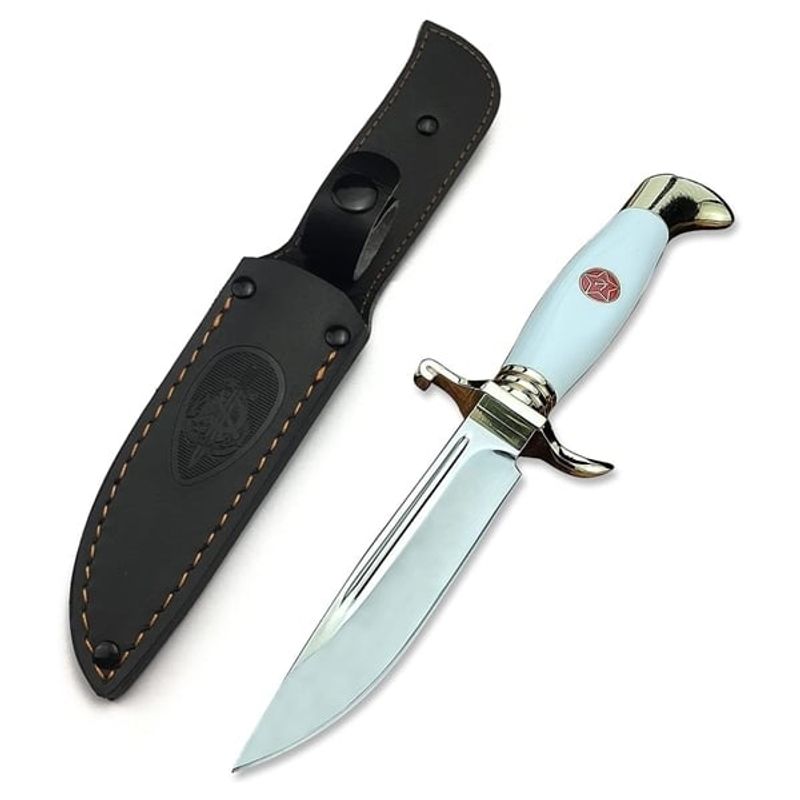 Sport si Outdoor - Camping - Cutite, bricege si accesorii - Cutite si bricege - Set de doua cutite de vanatoare, teaca din piele naturala, lama 440C, maner acrilic full tang, 26 cm, alb - Infinity.ro