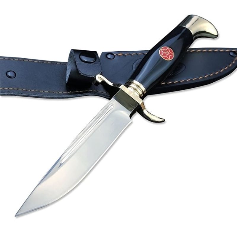 Sport si Outdoor - Camping - Cutite, bricege si accesorii - Cutite si bricege - Set de doua cutite de vanatoare, teaca din piele naturala, lama 440C, maner acrilic full tang, 26 cm, negru - Infinity.ro