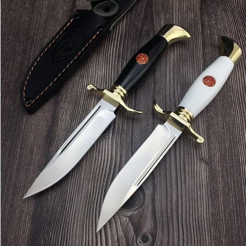 Sport si Outdoor - Camping - Cutite, bricege si accesorii - Cutite si bricege - Set de doua cutite de vanatoare, teaca din piele naturala, lama 440C, maner acrilic full tang, 26 cm, negru - Infinity.ro