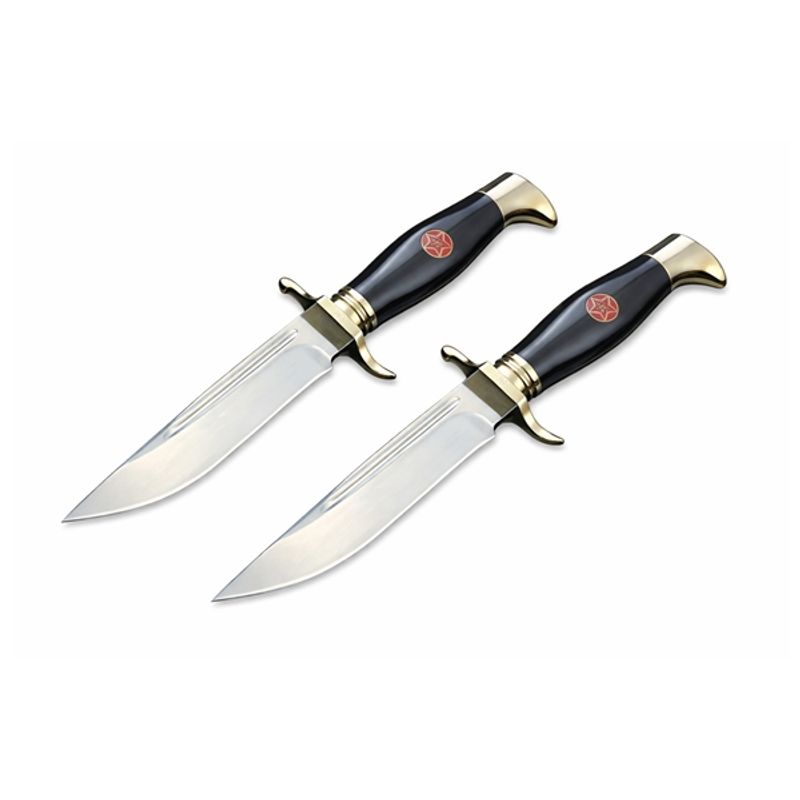 Sport si Outdoor - Camping - Cutite, bricege si accesorii - Cutite si bricege - Set de doua cutite de vanatoare, teaca din piele naturala, lama 440C, maner acrilic full tang, 26 cm, negru - Infinity.ro