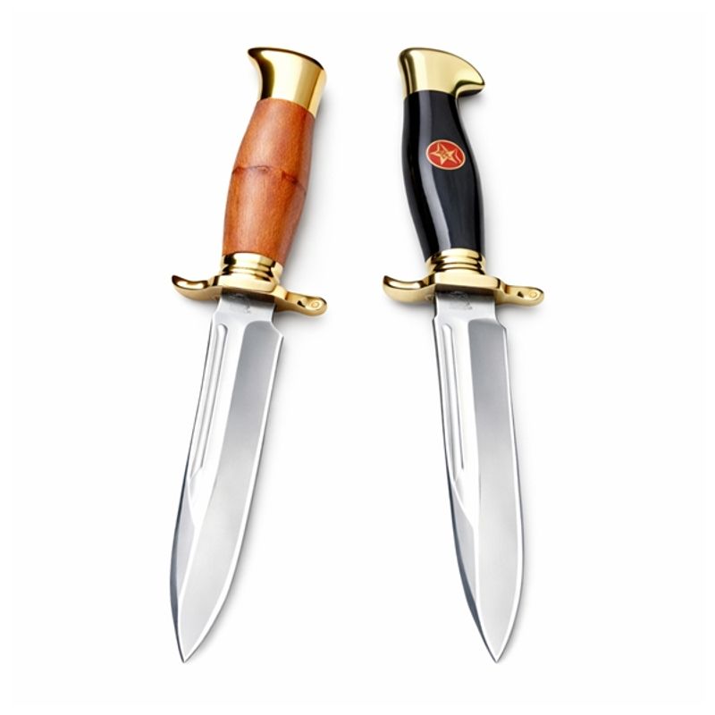 Sport si Outdoor - Camping - Cutite, bricege si accesorii - Cutite si bricege - Set de doua cutite de vanatoare, teaca din piele naturala, lama 440C, maner acrilic full tang, 26 cm, maro/negru - Infinity.ro