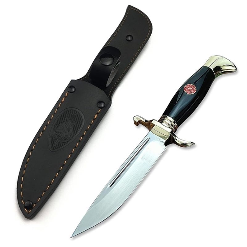 Sport si Outdoor - Camping - Cutite, bricege si accesorii - Cutite si bricege - Set de doua cutite de vanatoare, teaca din piele naturala, lama 440C, maner acrilic full tang, 26 cm, maro/negru - Infinity.ro