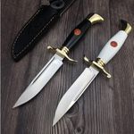 Sport si Outdoor - Camping - Cutite, bricege si accesorii - Cutite si bricege - Set de doua cutite de vanatoare, teaca din piele naturala, lama 440C, maner acrilic full tang, 26 cm, maro/negru - Infinity.ro