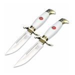 Sport si Outdoor - Camping - Cutite, bricege si accesorii - Cutite si bricege - Set de doua cutite de vanatoare, teaca din piele naturala, lama 440C, maner acrilic full tang, 26 cm, alb/maro - Infinity.ro