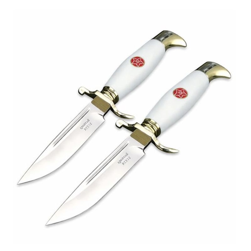 Sport si Outdoor - Camping - Cutite, bricege si accesorii - Cutite si bricege - Set de doua cutite de vanatoare, teaca din piele naturala, lama 440C, maner acrilic full tang, 26 cm, alb/maro - Infinity.ro