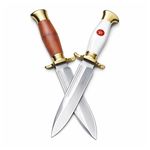 Sport si Outdoor - Camping - Cutite, bricege si accesorii - Cutite si bricege - Set de doua cutite de vanatoare, teaca din piele naturala, lama 440C, maner acrilic full tang, 26 cm, alb/maro - Infinity.ro