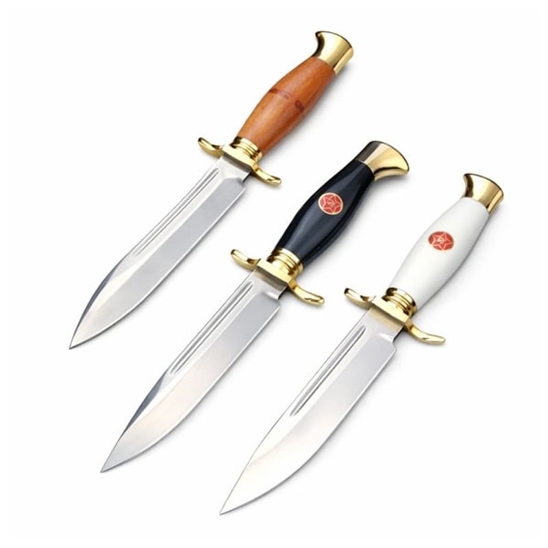 Sport si Outdoor - Camping - Cutite, bricege si accesorii - Cutite si bricege - Set de doua cutite de vanatoare, teaca din piele naturala, lama 440C, maner acrilic full tang, 26 cm, alb/maro - Infinity.ro