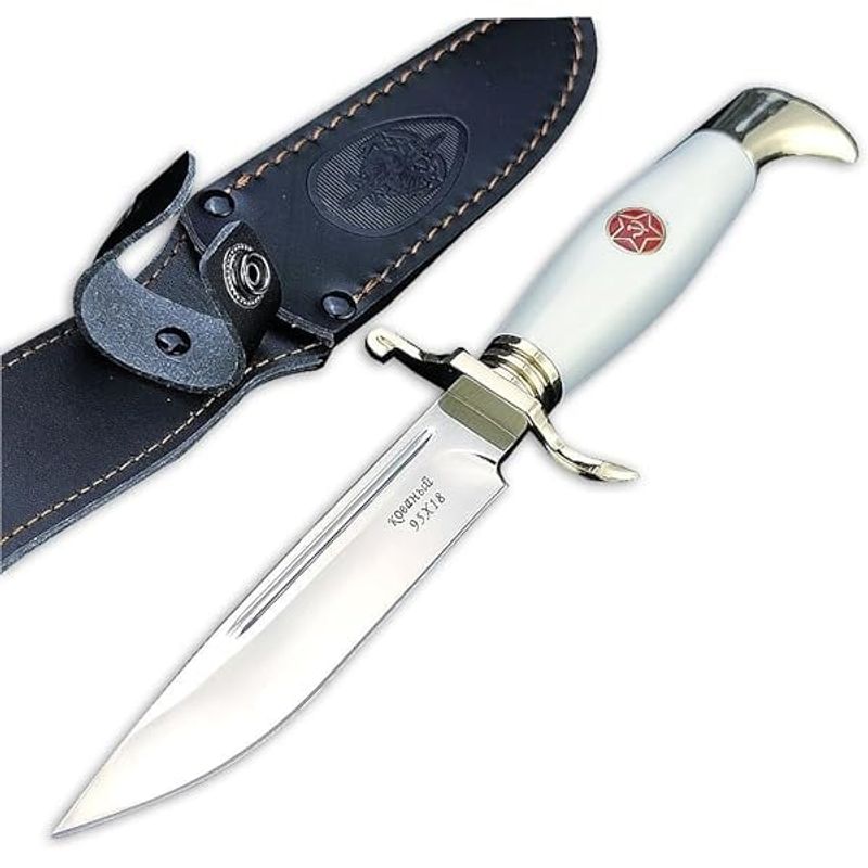 Sport si Outdoor - Camping - Cutite, bricege si accesorii - Cutite si bricege - Set de doua cutite de vanatoare, teaca din piele naturala, lama 440C, maner acrilic full tang, 26 cm, alb/maro - Infinity.ro