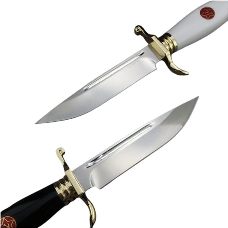 Sport si Outdoor - Camping - Cutite, bricege si accesorii - Cutite si bricege - Set de doua cutite de vanatoare, teaca din piele naturala, lama 440C, maner acrilic full tang, 26 cm, alb/maro - Infinity.ro