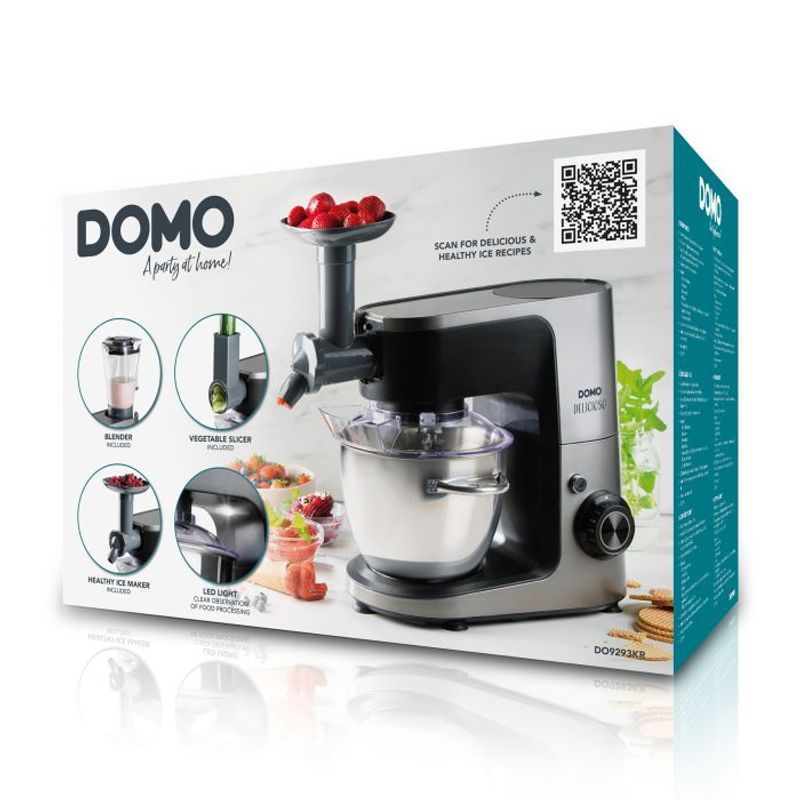 Electronice si Electrocasnice - Electrocasnice bucatarie - Mixere, tocatoare & roboti de bucatarie - Roboti de bucatarie - Robot de Bucatarie Multifunctional DOMO DO9293KR „Delicioso”, 1200W, bol inox 4.5L, blender, feliator, inghetata, capac - Infinity.ro