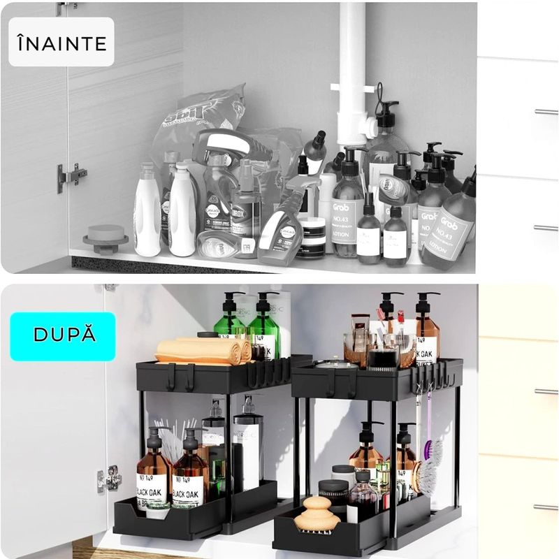 Casa si Gradina - Mobilier - Organizare si depozitare - Organizatoare pentru sertare si dulapuri - Organizator Multifunctional pentru Baie sau Bucatarie, 2 niveluri, carlige, 39.5x22x39 cm, Negru - Infinity.ro