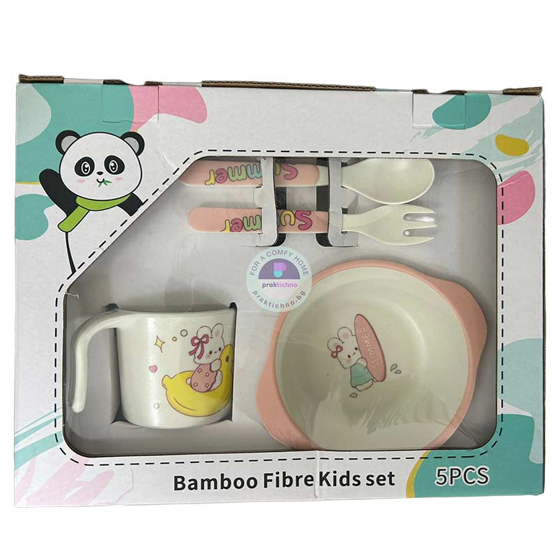 Jucarii, Copii si Bebe - Hrana si alaptare - Biberoane, suzete si accesorii hranire - Articole hranire bebelusi - Set vesela si tacamuri pentru copii din fibra de bambus, Farfurie 4compartimente,cana,bol,furculita si lingurita, 5 buc - Infinity.ro