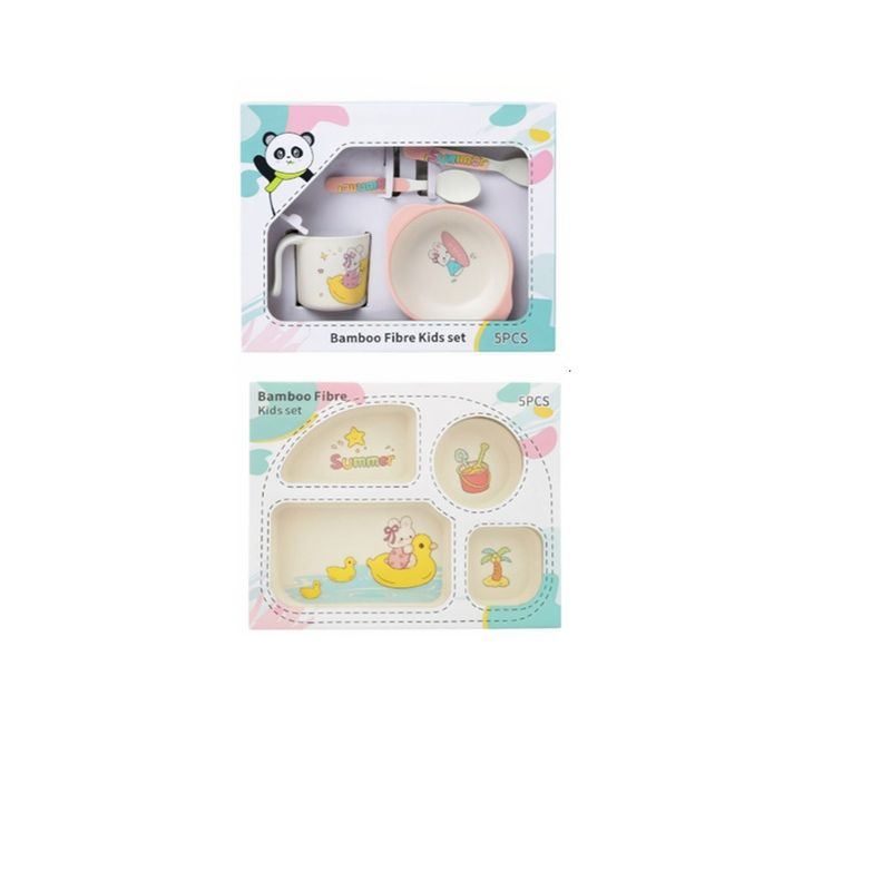 Jucarii, Copii si Bebe - Hrana si alaptare - Biberoane, suzete si accesorii hranire - Articole hranire bebelusi - Set vesela si tacamuri pentru copii din fibra de bambus, Farfurie 4compartimente,cana,bol,furculita si lingurita, 5 buc - Infinity.ro