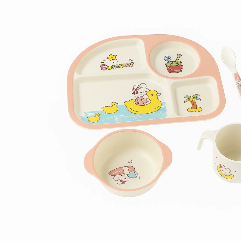 Jucarii, Copii si Bebe - Hrana si alaptare - Biberoane, suzete si accesorii hranire - Articole hranire bebelusi - Set vesela si tacamuri pentru copii din fibra de bambus, Farfurie 4compartimente,cana,bol,furculita si lingurita, 5 buc - Infinity.ro