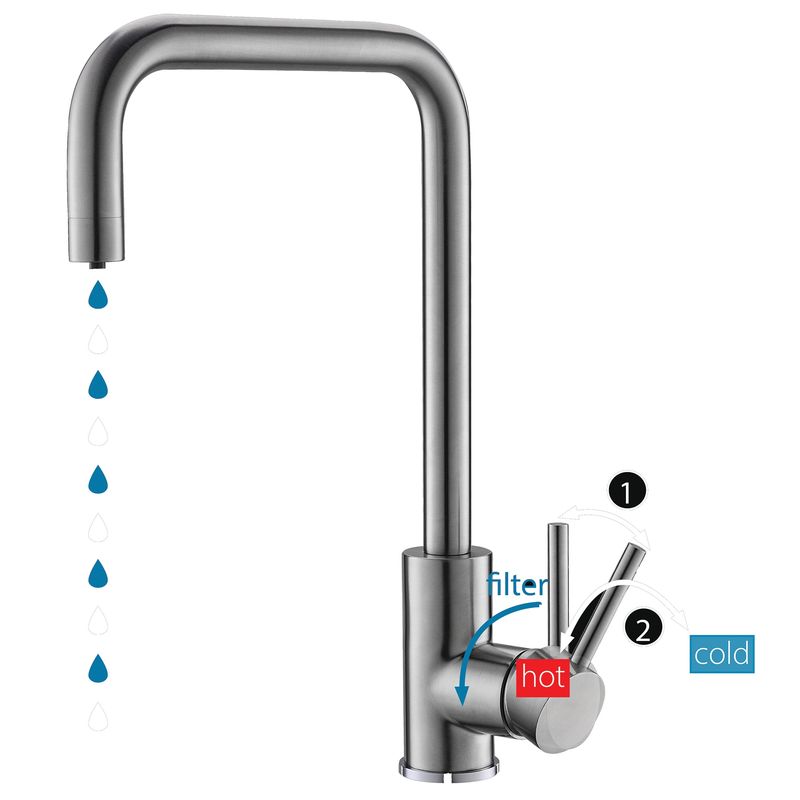 Casa si Gradina - Sanitare - Lavoar baie si accesorii - Baterii sanitare - Baterie Alveus Dual, cu un singur maner, 3 cai pentru apa cald, apa rece, filtru de apa, Finisaj inox periat - Infinity.ro