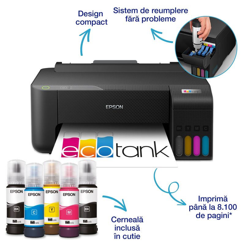 PC, gaming si accesorii - Imprimante, scanere & consumabile - Imprimante - Imprimante si multifunctionale - Imprimanta color CISS Epson EcoTank L1230, A4, USB, negru - Infinity.ro