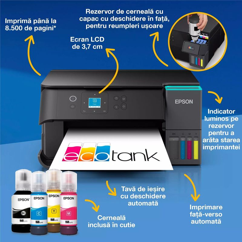 PC, gaming si accesorii - Imprimante, scanere & consumabile - Imprimante - Imprimante si multifunctionale - Multifunctional inkjet color CISS Epson EcoTank L4360, A4, Duplex, Wi-Fi, 4800x1200dpi, negru - Infinity.ro