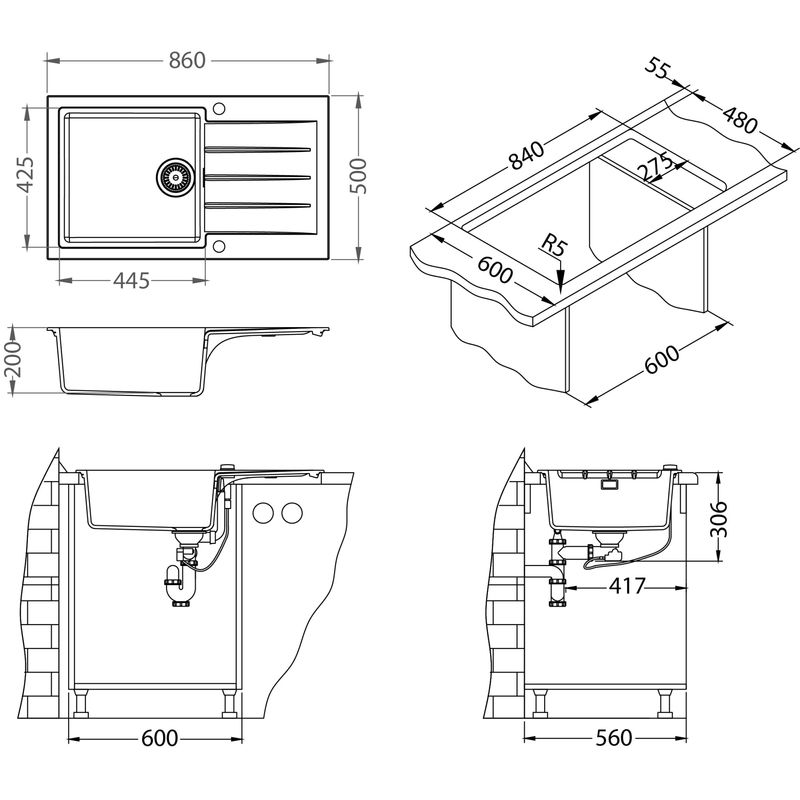 Casa si Gradina - Sanitare - Chiuveta bucatarie si accesorii - Chiuvete bucatarie - Chiuveta Alveus Cadit 40, material compozit, reversibila, sifon pop-up inclus, 860x500x200mm, negru - Infinity.ro