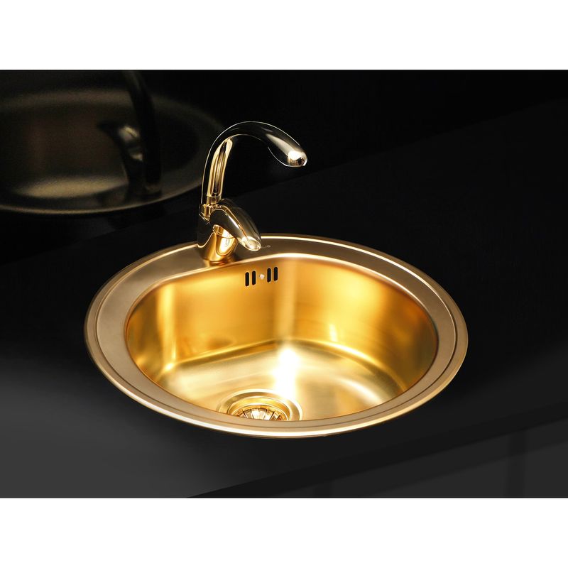 Casa si Gradina - Sanitare - Chiuveta bucatarie si accesorii - Chiuvete bucatarie - Chiuveta bucatarie Alveus Monarch Form 30, diametru 510mm, adancime 185 mm, sifon finisaj gold inclus, Inox, Gold - Infinity.ro