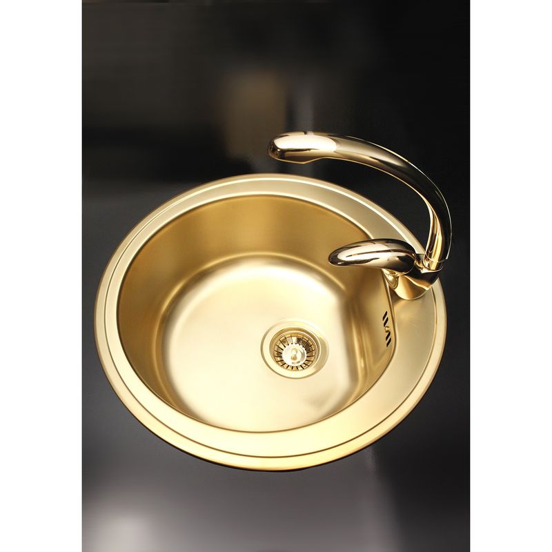 Casa si Gradina - Sanitare - Chiuveta bucatarie si accesorii - Chiuvete bucatarie - Chiuveta bucatarie Alveus Monarch Form 30, diametru 510mm, adancime 185 mm, sifon finisaj gold inclus, Inox, Gold - Infinity.ro