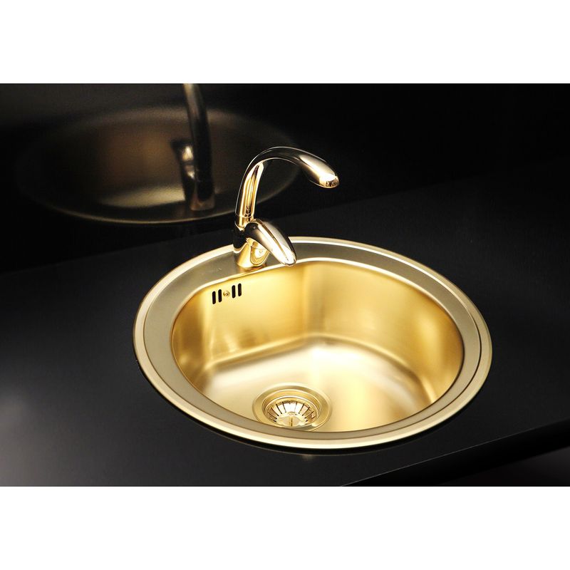 Casa si Gradina - Sanitare - Chiuveta bucatarie si accesorii - Chiuvete bucatarie - Chiuveta bucatarie Alveus Monarch Form 30, diametru 510mm, adancime 185 mm, sifon finisaj gold inclus, Inox, Gold - Infinity.ro