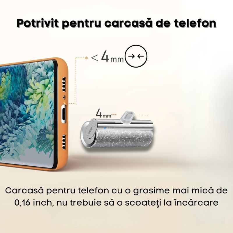Laptop, Telefoane si Tablete - Telefoane mobile si accesorii - Accesorii Telefoane - Baterii externe - Power Bank VEGER LIPSTICK-C, 5000mAh, USB-C, 12W, 100 x 22 x 22 mm, Argintiu - Infinity.ro