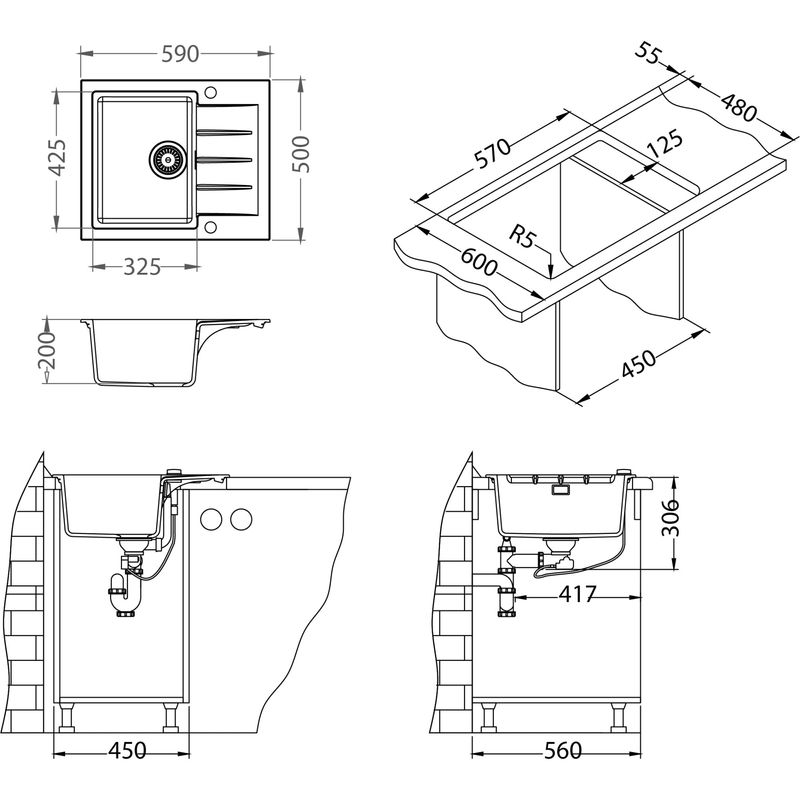 Casa si Gradina - Sanitare - Chiuveta bucatarie si accesorii - Chiuvete bucatarie - Chiuveta Alveus Cadit 10, material compozit, reversibila, sifon pop-up inclus, 590x500x200mm, gri beton - Infinity.ro