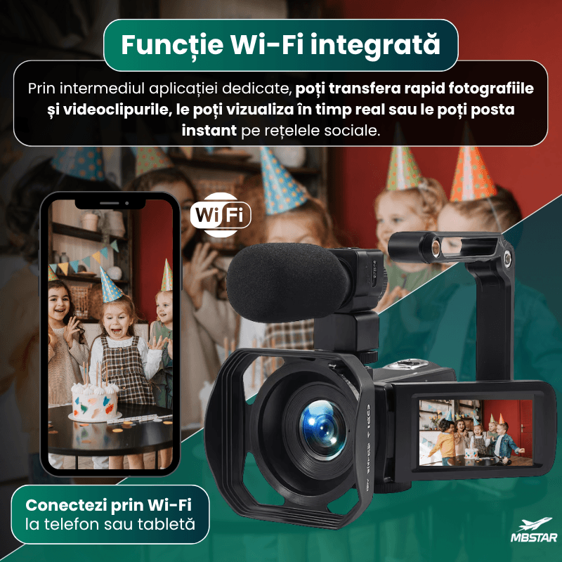 TV, Audio-Video si Foto - Camere video - Camere video profesionale - Camera Video 8K Ultra HD Retro MBSTAR, WiFi, Ecran Rotativ, Stabilizare EIS, Zoom digital 18x, Microfon, Negru, 1500mAh - Infinity.ro