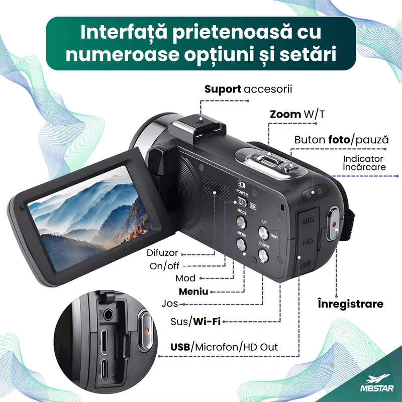 TV, Audio-Video si Foto - Camere video - Camere video profesionale - Camera Video 8K Ultra HD Retro MBSTAR, WiFi, Ecran Rotativ, Stabilizare EIS, Zoom digital 18x, Microfon, Negru, 1500mAh - Infinity.ro